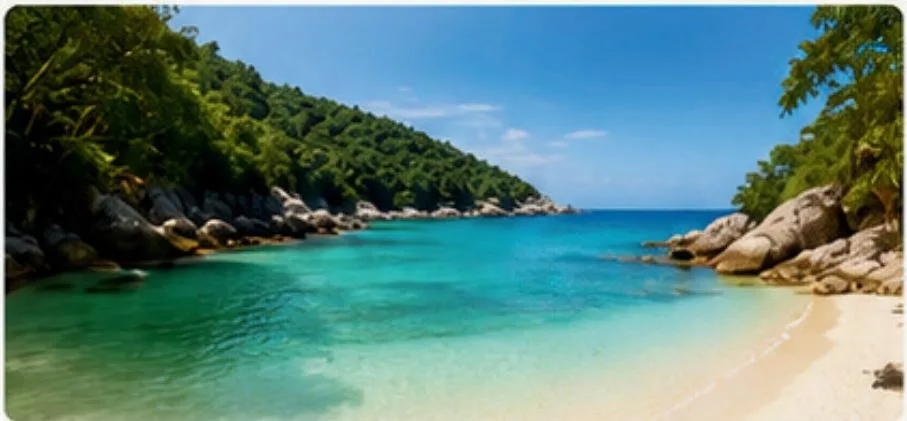 Small sheltered bay with clear green water framed by rocks and jungle