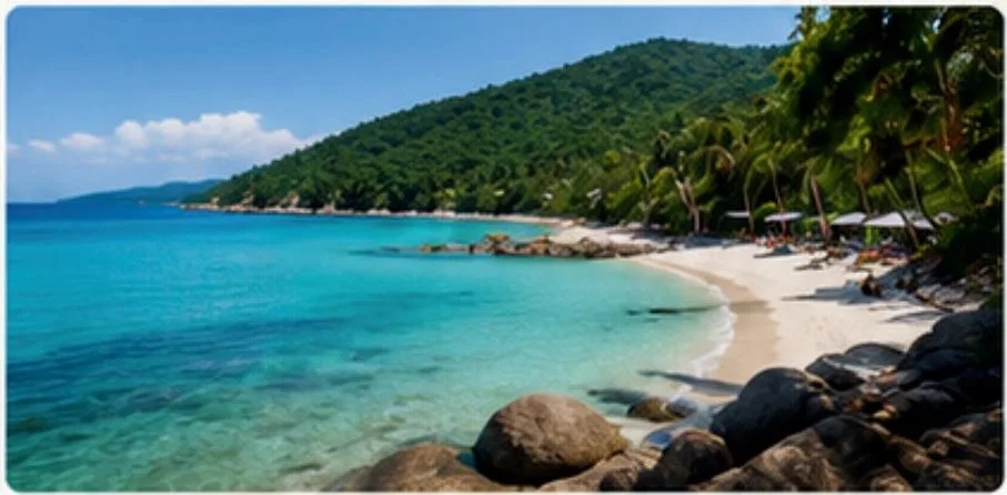 Wide sandy bay with turquoise water and jungle-covered hills behind