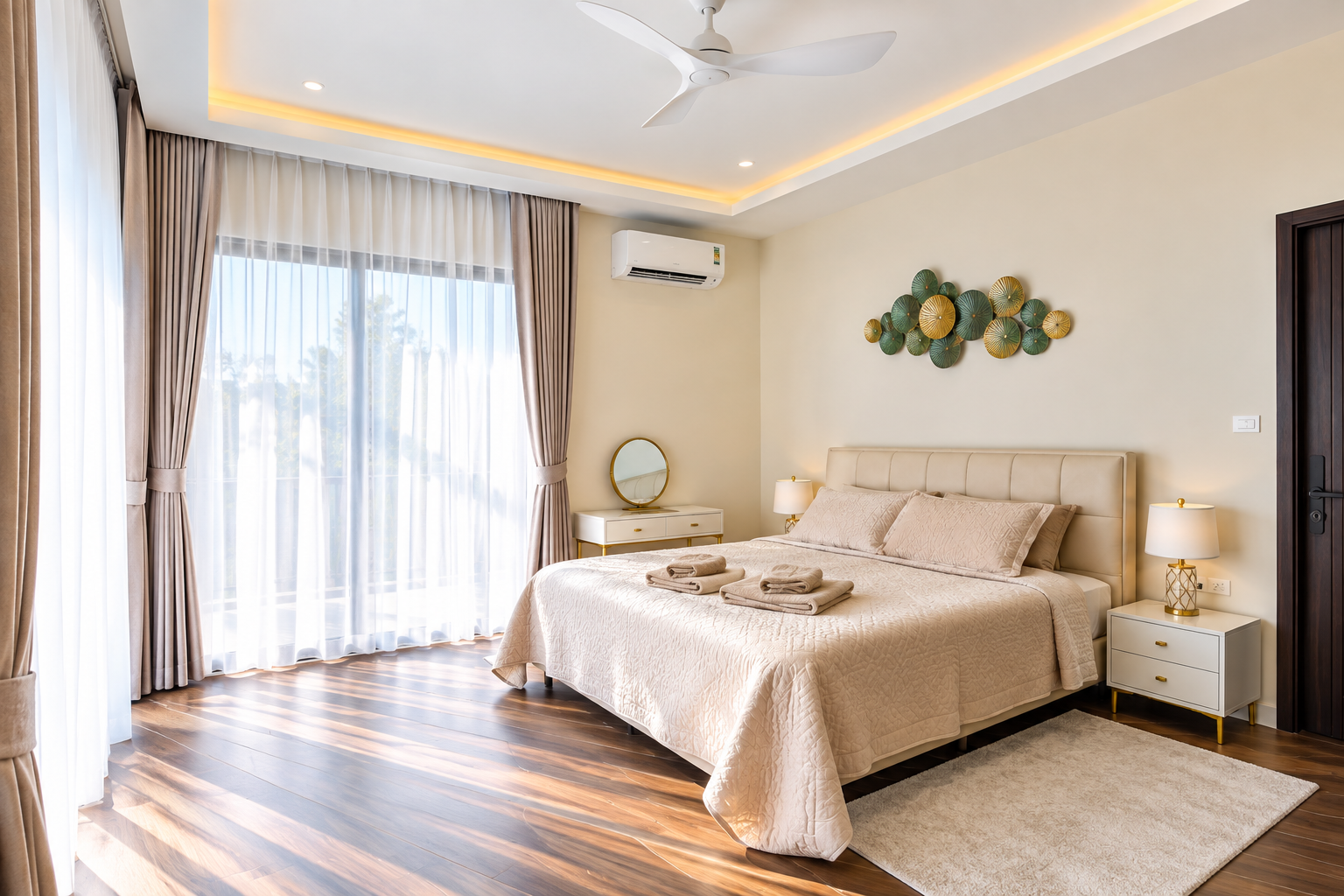 Bedroom with a double bed, decorative wall art, bedside table and floor-to-ceiling curtains