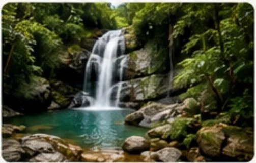 Waterfall falling into a natural pool surrounded by dense tropical forest