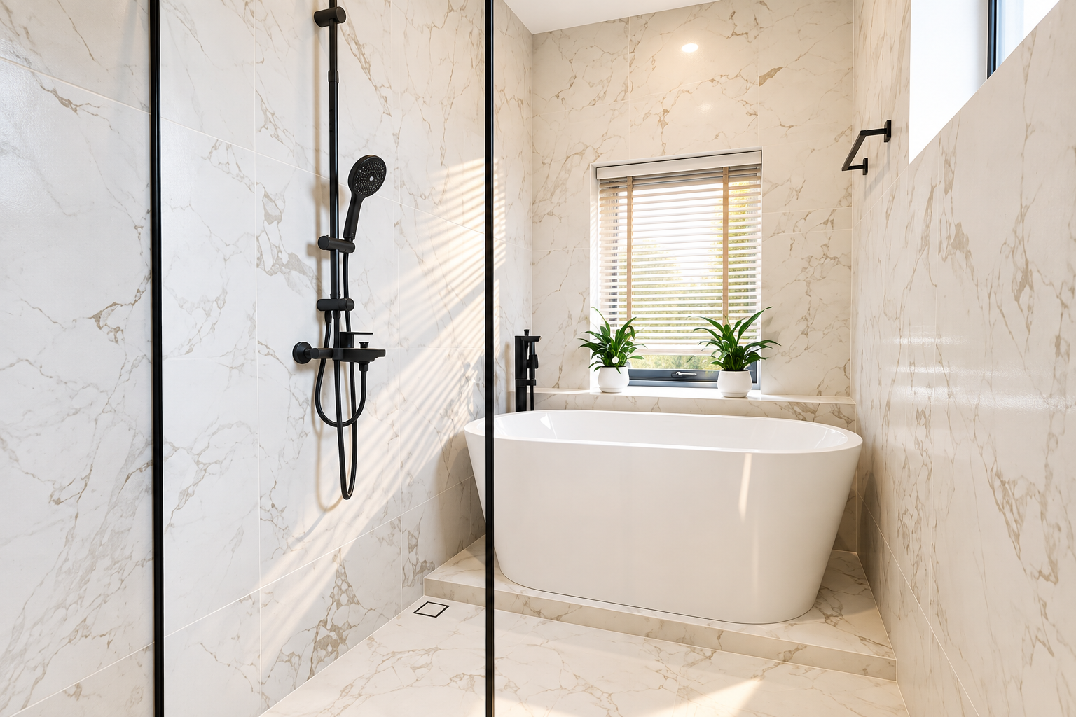 Marble bathroom with a freestanding bathtub, walk-in rain shower and window with plants