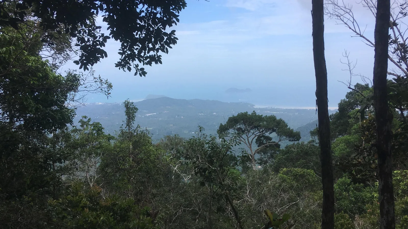 View from the Khao Ra hiking route looking out over the jungle-covered hills and coastline of Koh Phangan