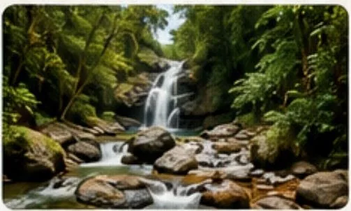 Narrow waterfall running over rocks in a green jungle valley