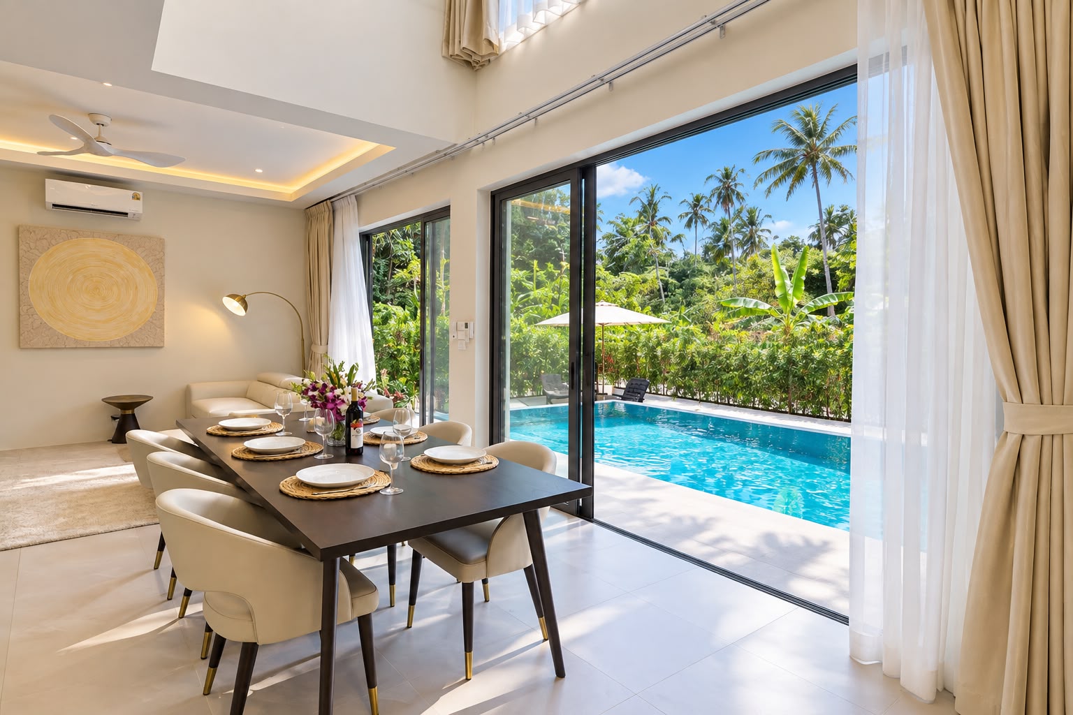 Dining table at the villa laid with plates, glasses and a fresh orchid arrangement