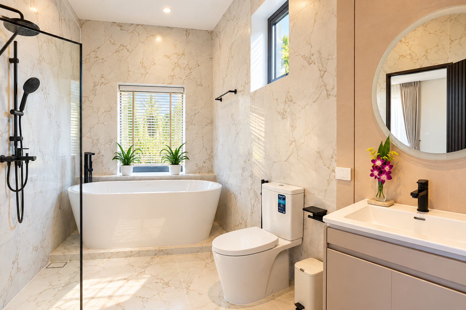 Bathroom with a freestanding bath, glass rain shower and a round mirror above the washbasin
