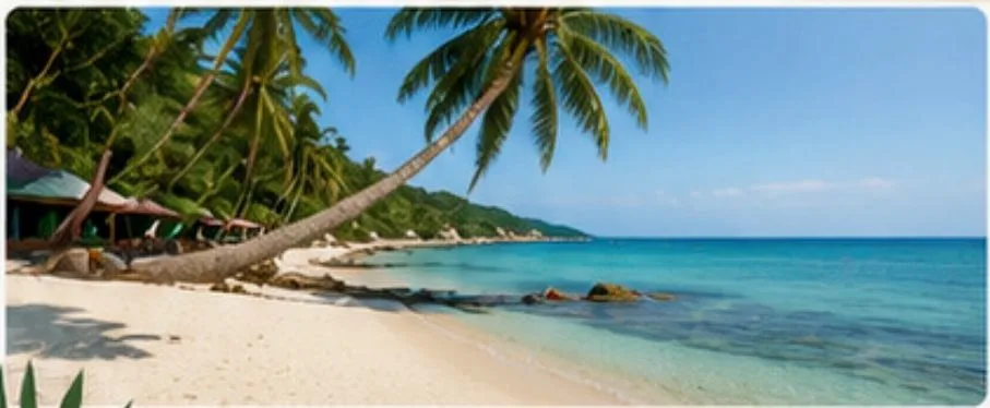 Leaning coconut palm over pale sand and shallow turquoise water