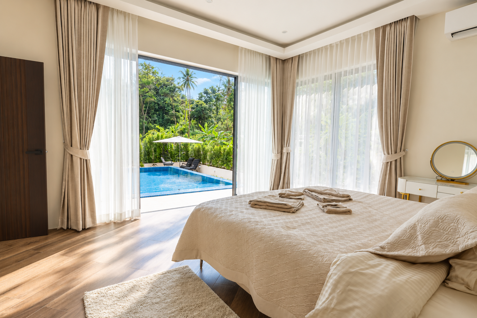 Bedroom with a king bed, folded towels and sliding doors opening directly onto the pool terrace