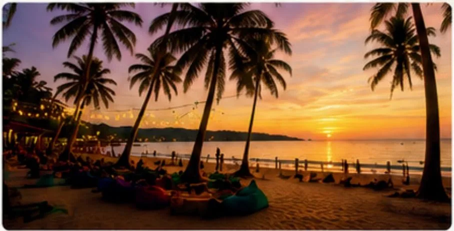 Coconut palms above a Koh Phangan beach at sunset, with the sun low over the sea